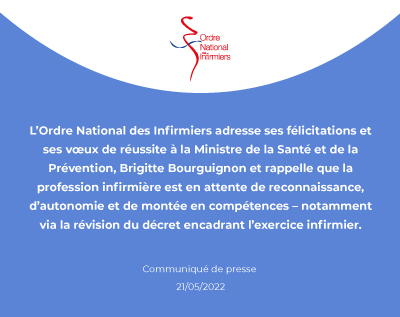 L’Ordre National des Infirmiers adresse ses félicitations et ses vœux de réussite à la Ministre de la Santé et de la Prévention, Brigitte Bourguignon